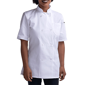 Customized Womens modern short sleeve essential plastic button chef coat: RC-CW4465