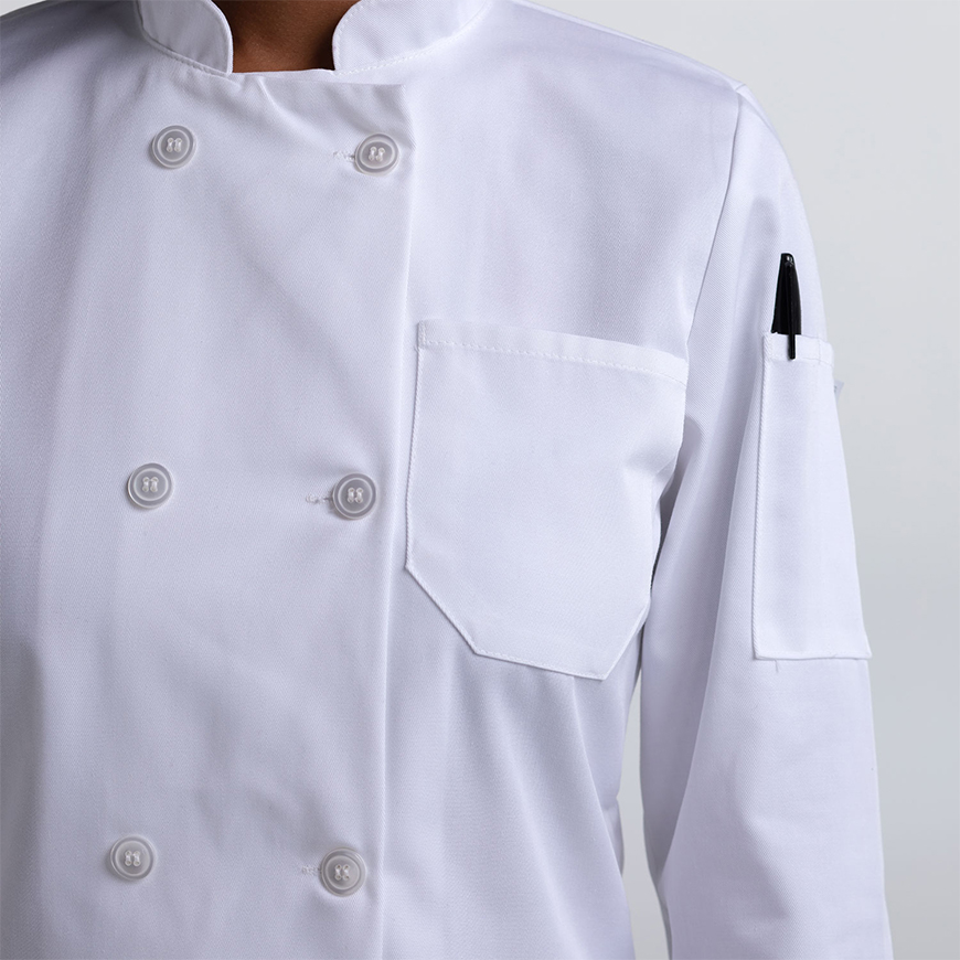 Womens Slim Long Sleeve Essential Plastic Button Chef Coat: CW-CW4420V4